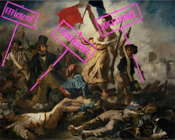 Demonstrant:innen, Überzeichnung des Gemäldes „La Liberté guidant le peuple“ von Eugène Delacroix, © SPLITTERWERK, 2024