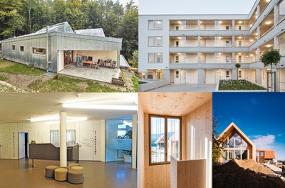 im Uhrzeigersinn von links oben: Haus HGW, pluspunkt architektur © go-art georg ott; Wohnbau Sternäckerweg, balloon architekten © David Schreyer; Kellerstöckl, KUESS architektur © Christian Repnik; Gemeindezentrum Nestelbach, schlosser + partner © schlosser + partner