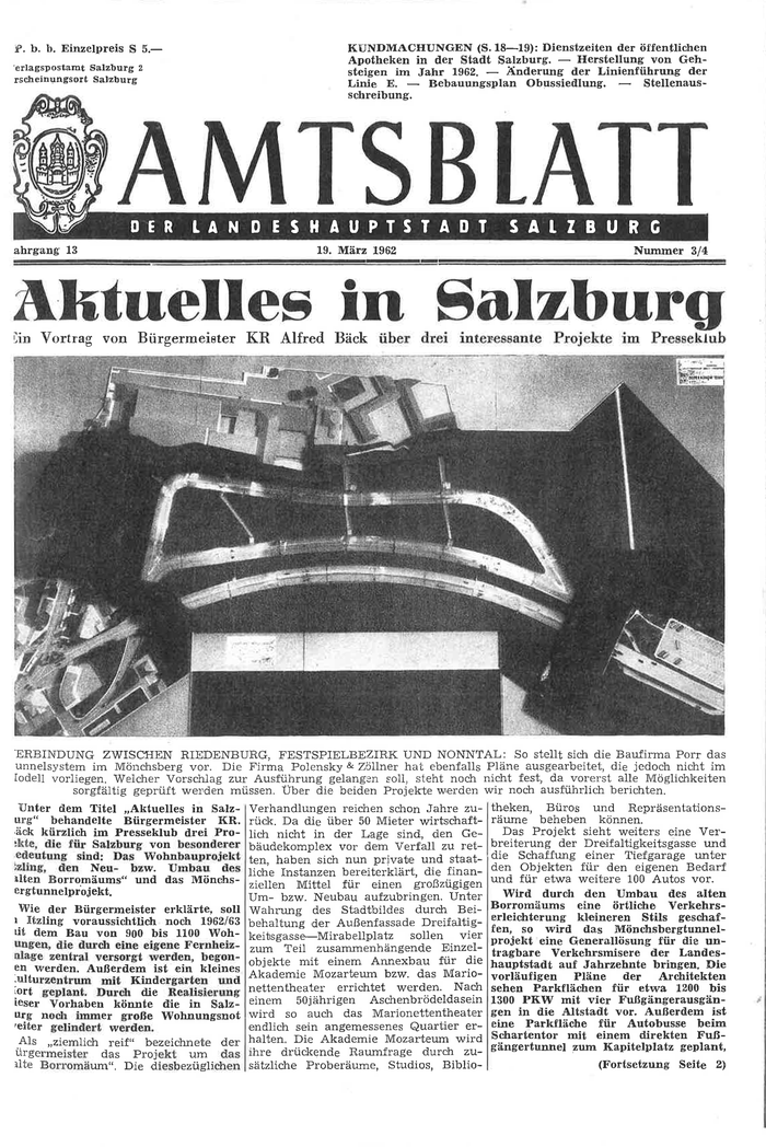 Aktuelles in Salzburg, Amtsblatt der Landeshauptstadt Salzburg 19. März 1962, Seite 1